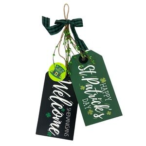 St Patricks Day Decor Wooden Door Sign Black Green Shamrock “Shenanigan Welcome”